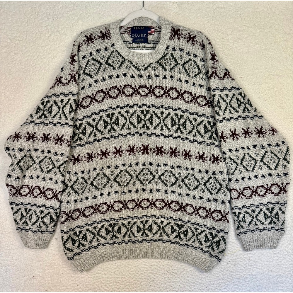 Vintage Old Glory Knit Grey Sweater Sz L Made In USA Fair Isle
